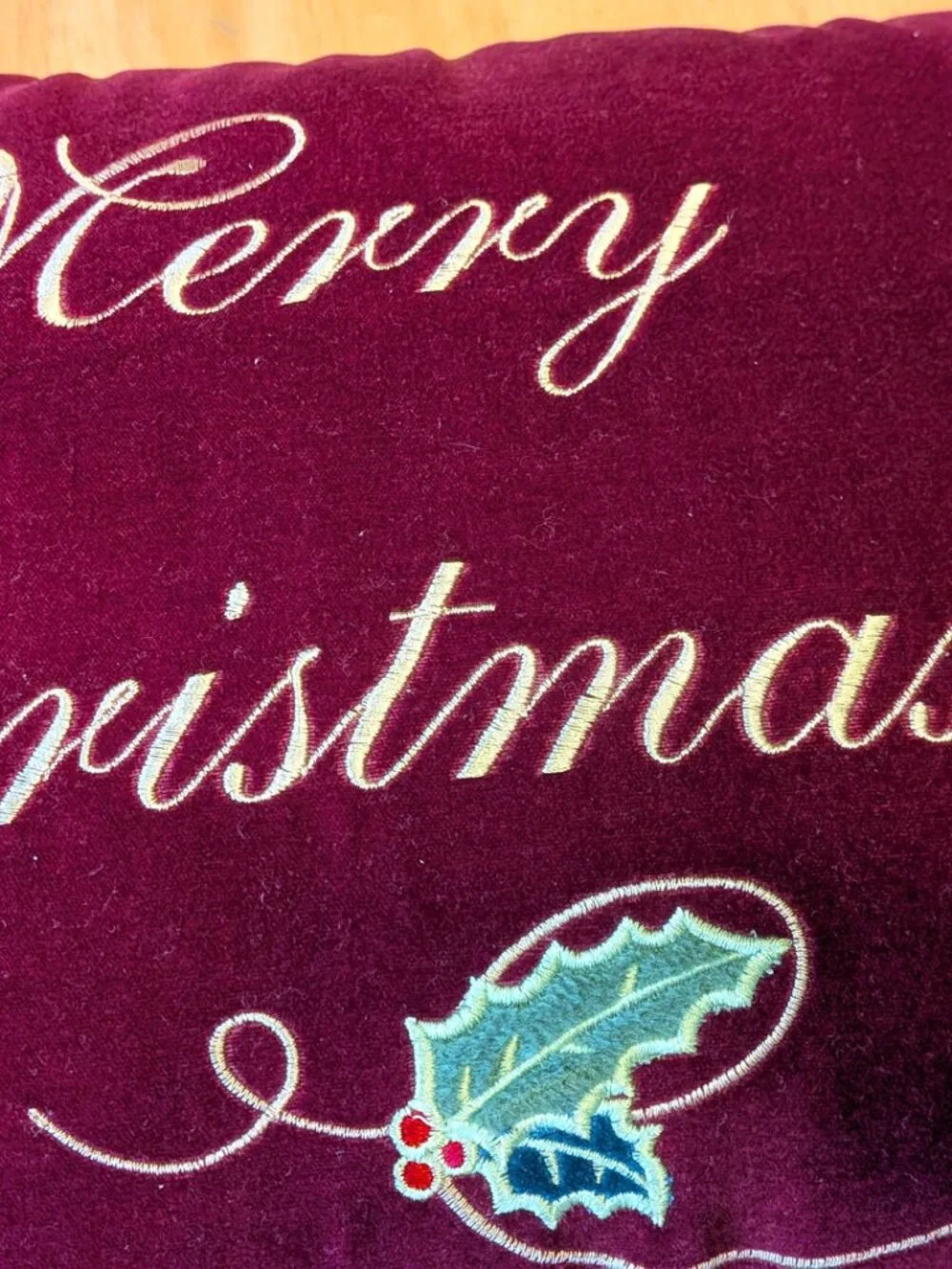 Embroidered Christmas Pillow Red Cotton Velvet cord 17